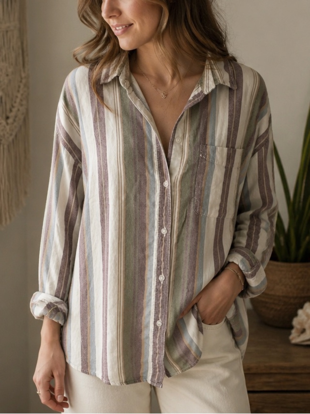 American Eagle Oversize Womens Button Down Striped Shirt L Coastal Boho Viscose